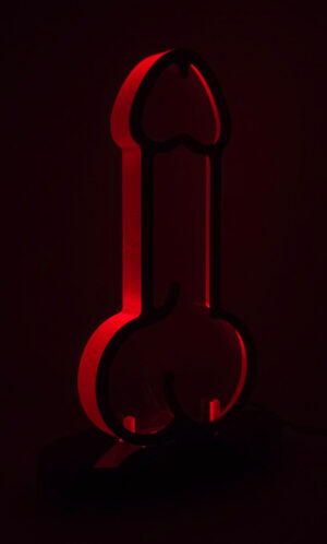Crimson Whisper red acrylic lamp male from the Luster & Linger Seduction Collection lit